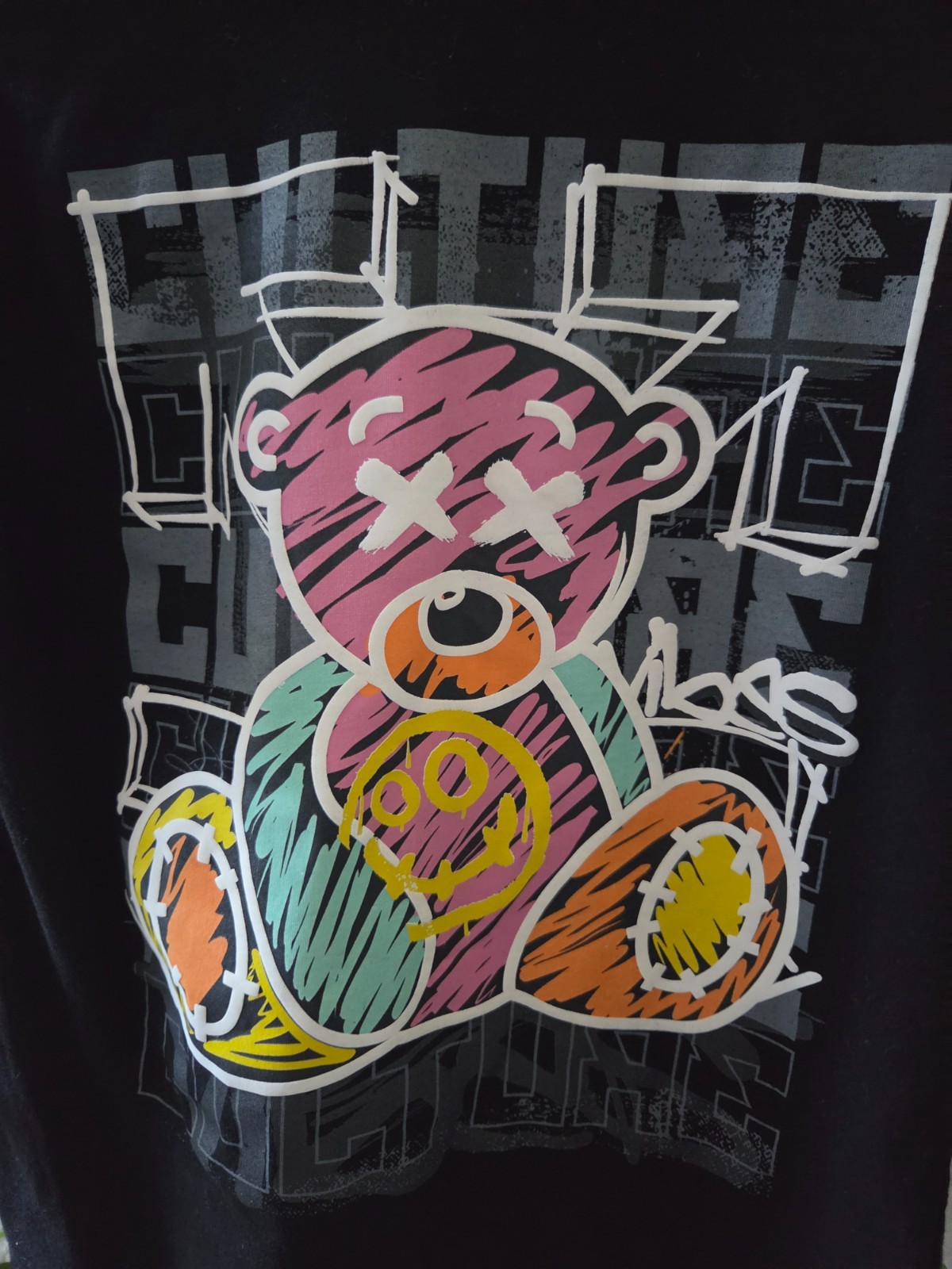 Black Cotton Tshirt feat a colorful graphic teddy bear,by Legend,size 14/16, lar gallery