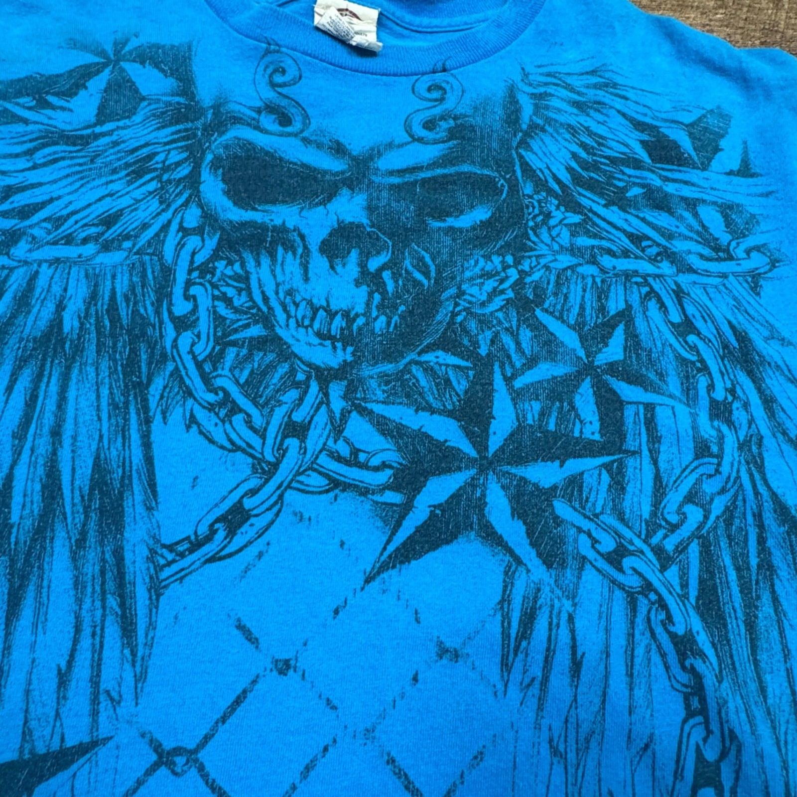 Y2K Skull Wings Star Chain Graphic T Shirt Blue Adult L grunge demon punk gallery
