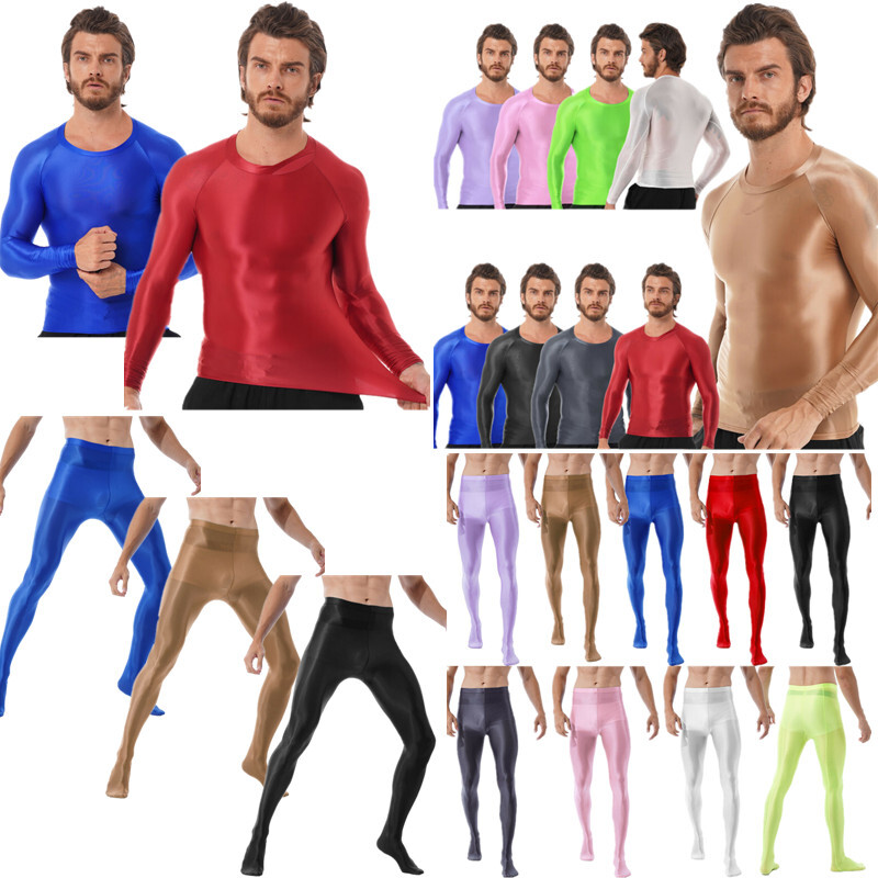 Men's Glossy See Through Tights Suit Long Sleeve Shirts with Fitness Pantyhose gallery