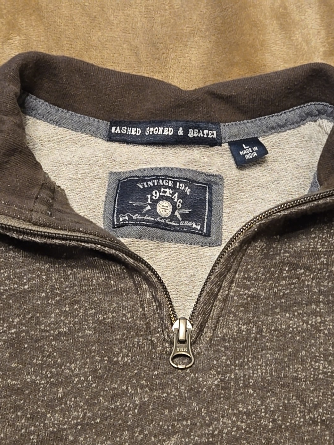 Washed Stoned & Beaten Quarter Zip Men’s Large Brown Vintage 1946 Pre-owned gallery