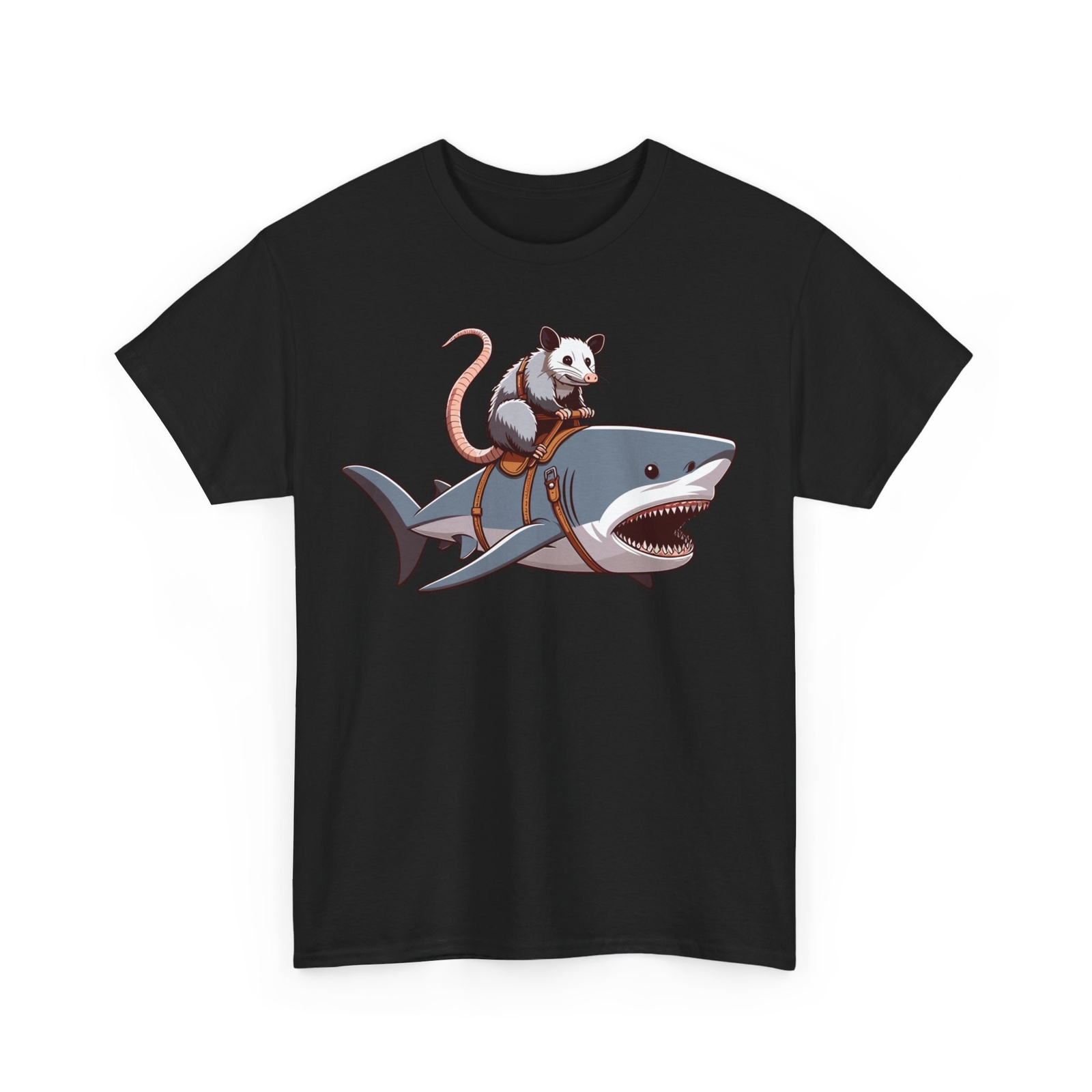 Opossum Riding Shark Funny T-shirt – Novelty Adventurous Graphic Tee