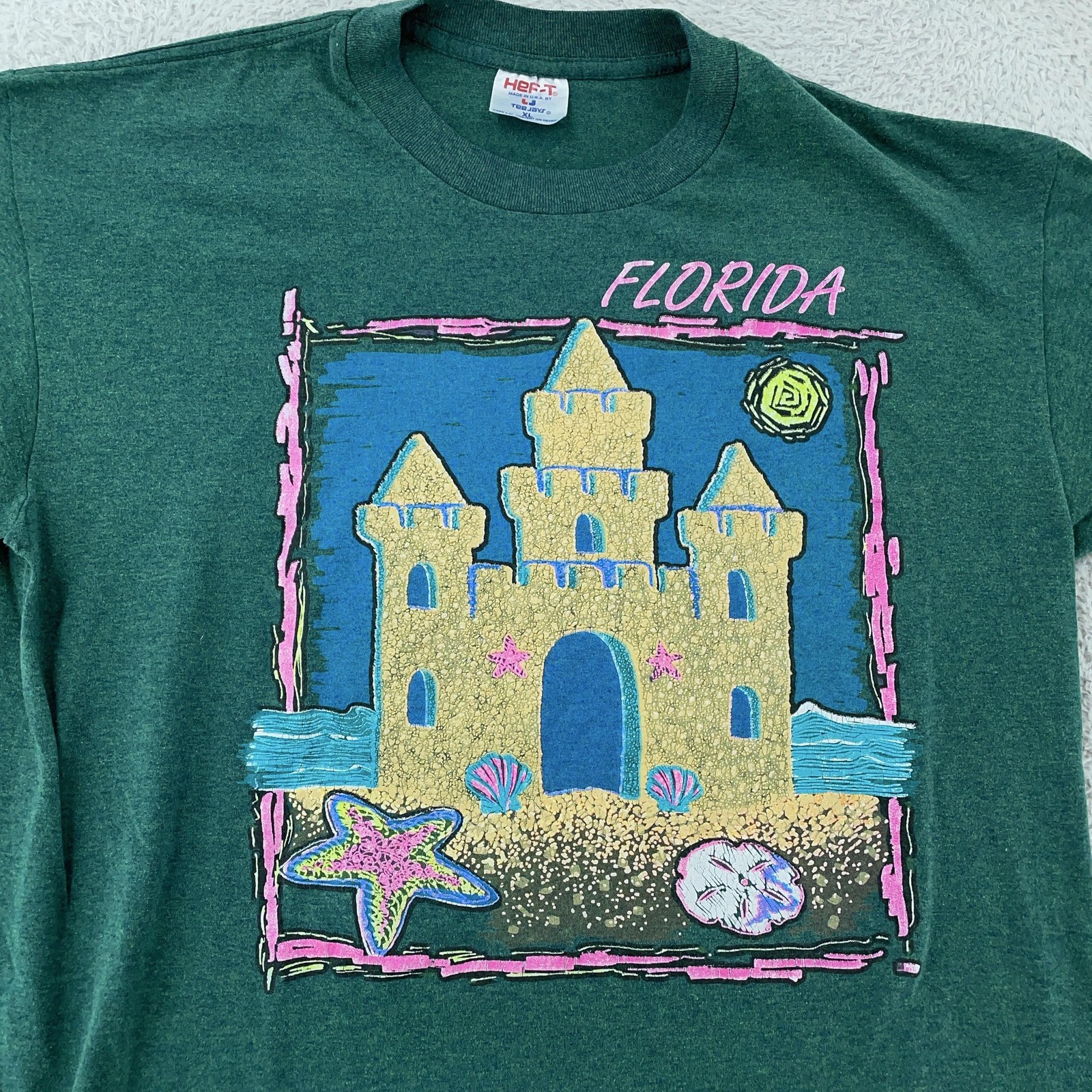 Vintage Florida Shirt Large Green USA Sandcastle Beach Surf 90s Ocean Sea Shell gallery