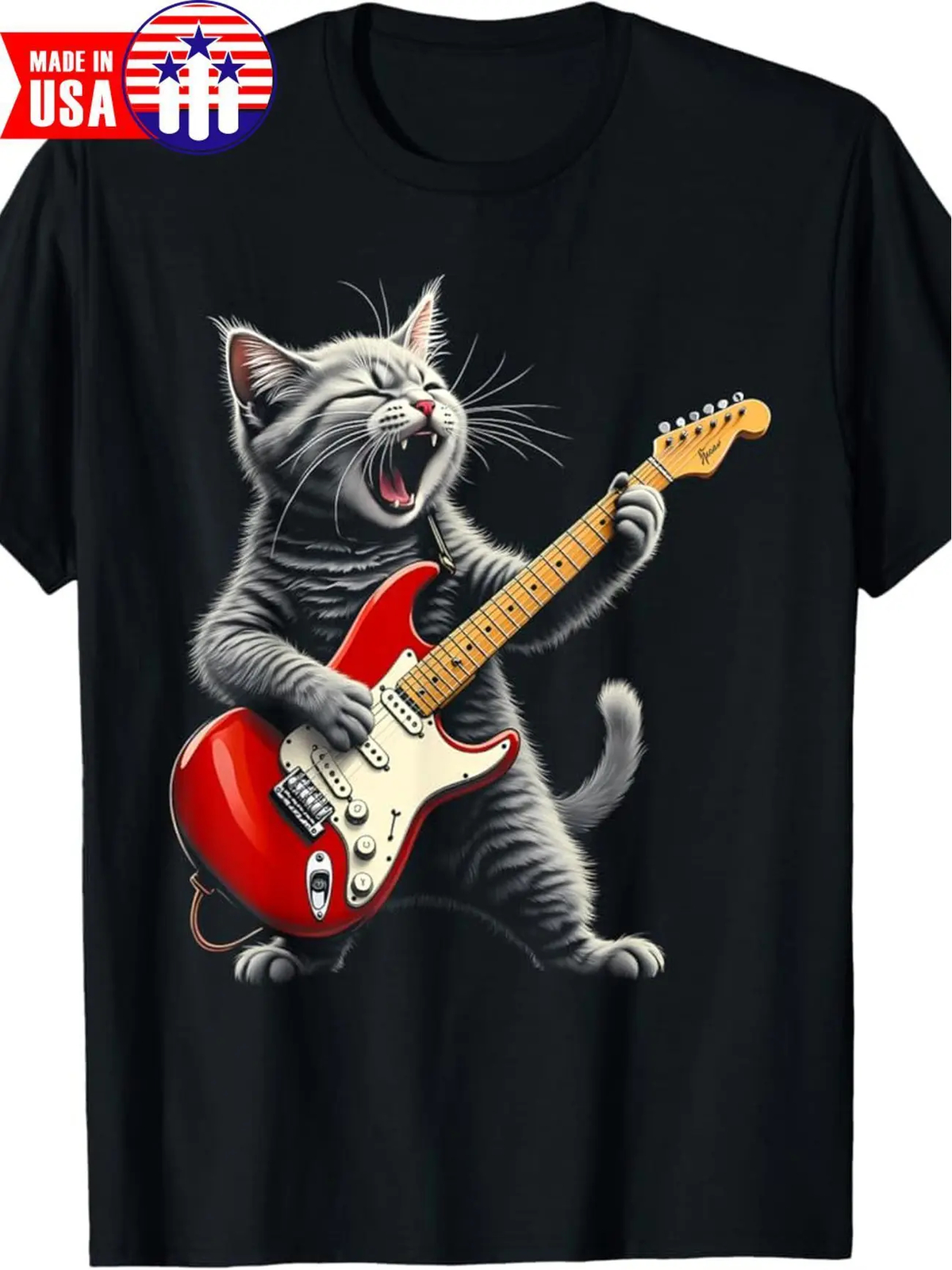 Rock Star Cat Playing Guitar Graphic T-Shirt
