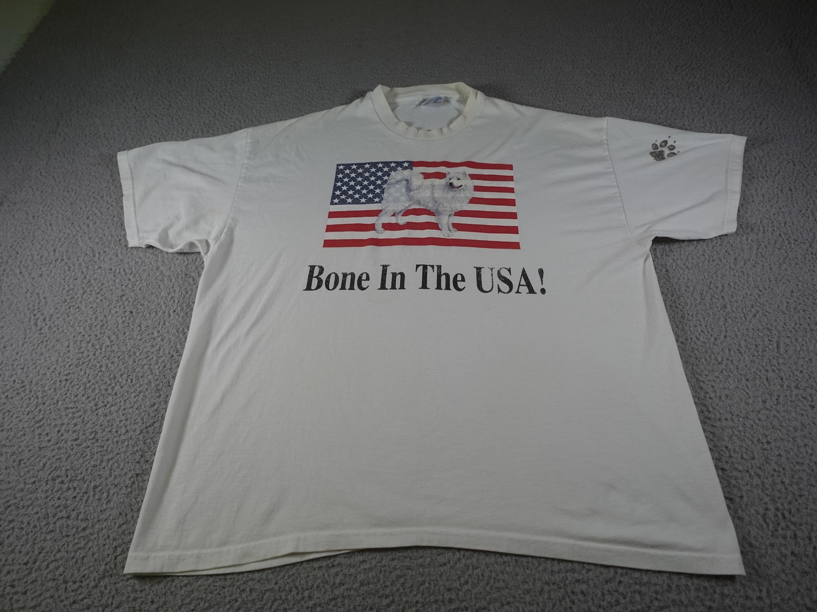 Vintage Dog Shirt Mens XL White Bone In The USA American Flag Dog Graphic Funny gallery