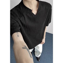 Men Casual Style Fishbone Texture V Neck T Shirt Loose Fit Striped Top L-4XL
