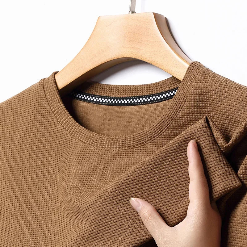 Men Polo Shirt Short Sleeve Cotton Waffle Knit Solid Splicing Round Neck gallery
