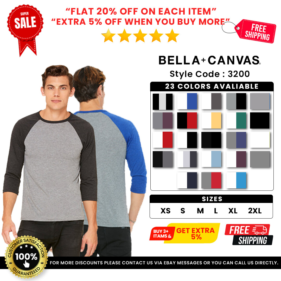 Bella + Canvas 3200 Unisex 3/4-Sleeve Baseball Tee Top T-Shirt gallery