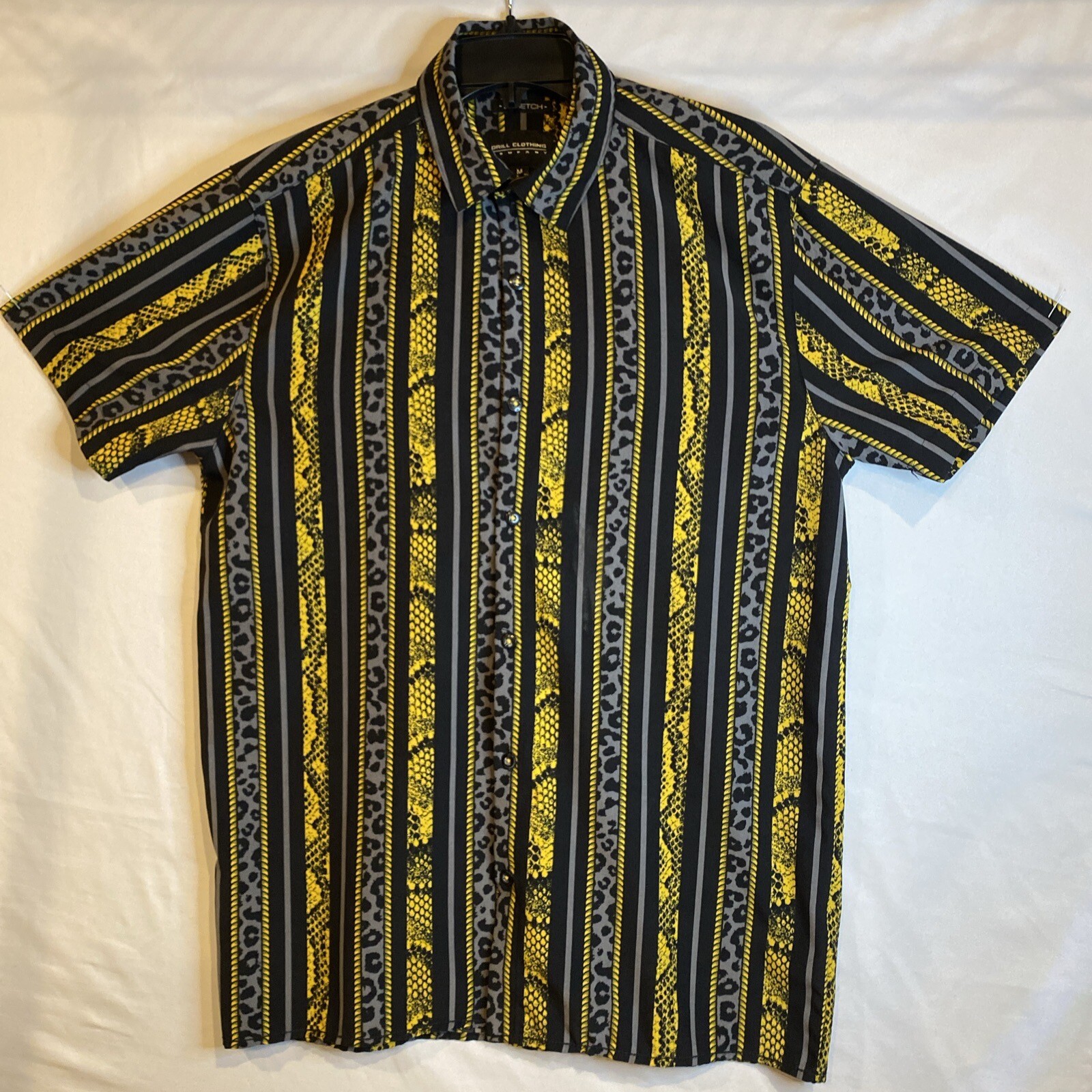 Stretch Drill Clothing Animal Print Mens Dress Shirt Black Yellow Grey Size M gallery