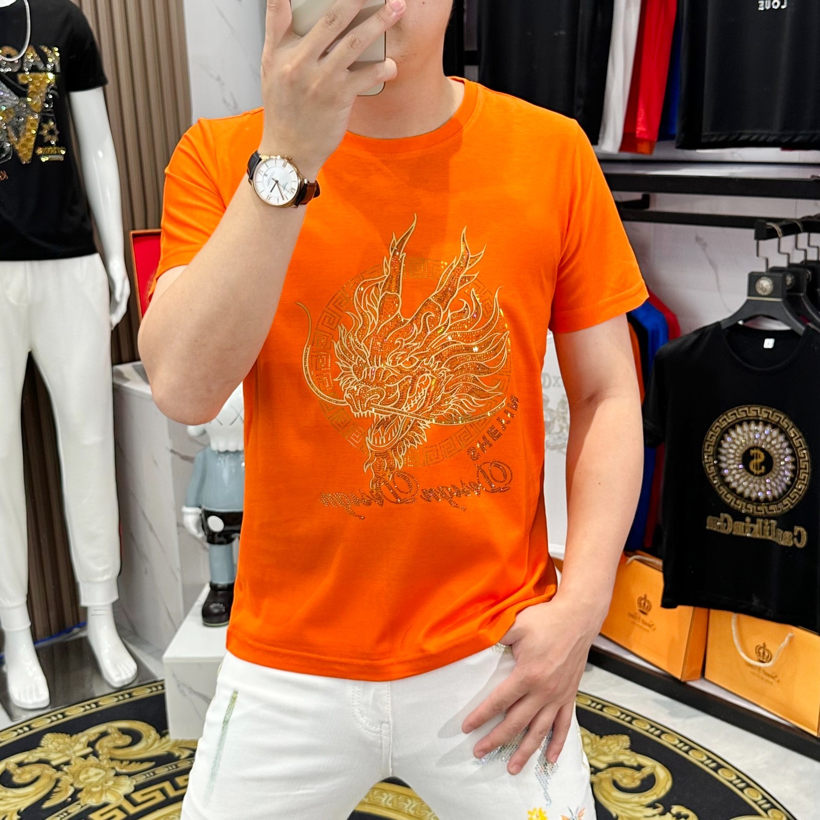 New Men Fashion Trend Dragon Diamond Rhinestone Streetwear Summer Luxury T-Shirt gallery