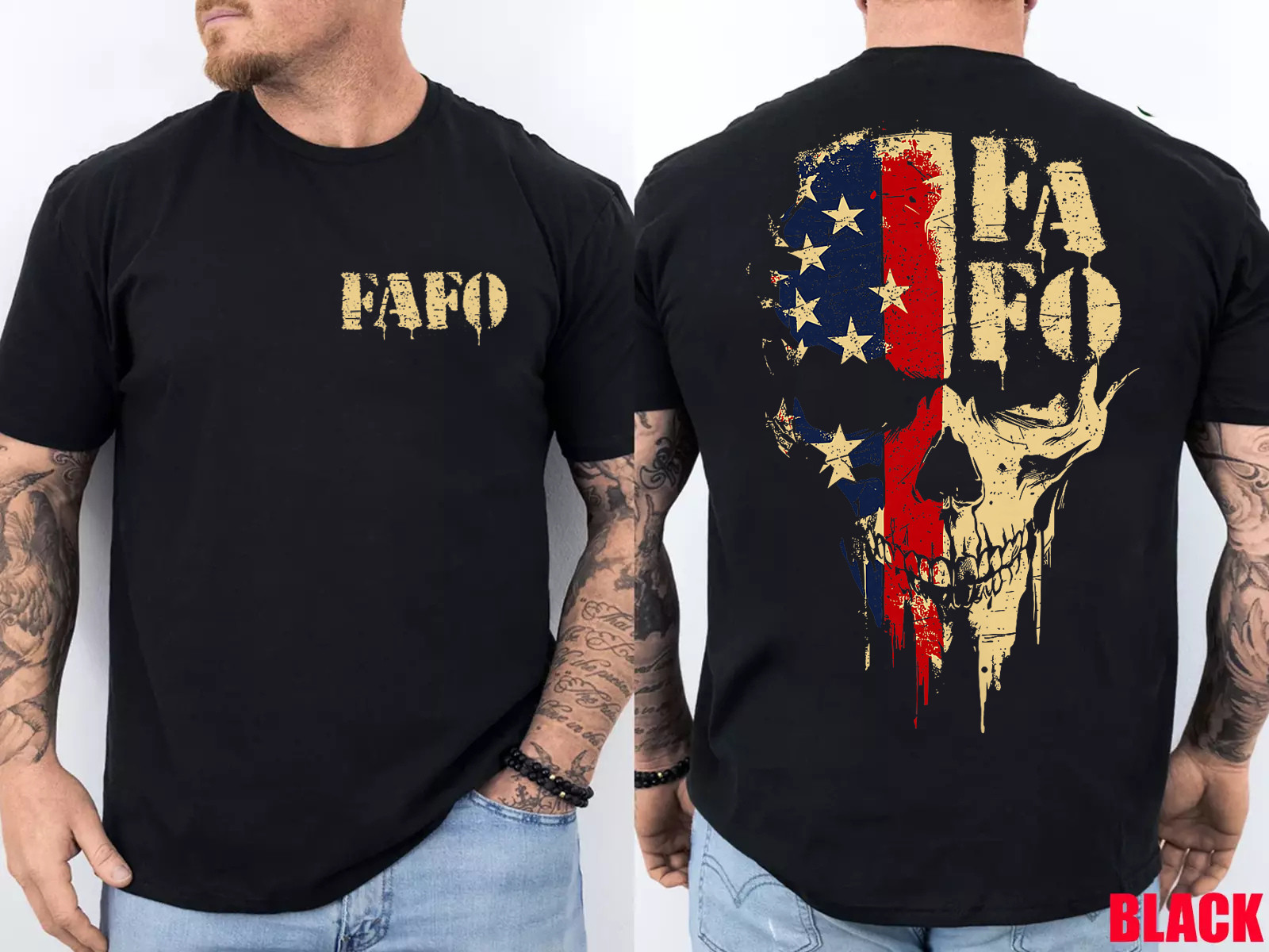 FAFO Skull Patriotic Grunge Style for Men 2 Sided FAFO Skull Front Back T-Shirt