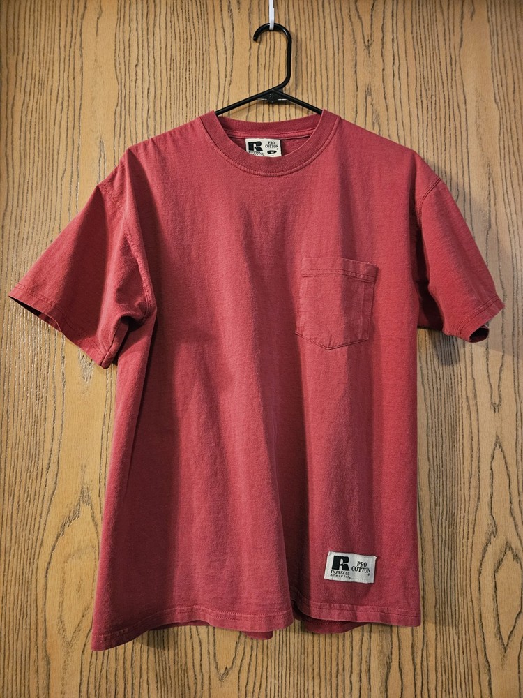 VTG 90s Russell Athletic Pro Cotton Pocket Blank T-Shirt Medium Boxy Faded Red