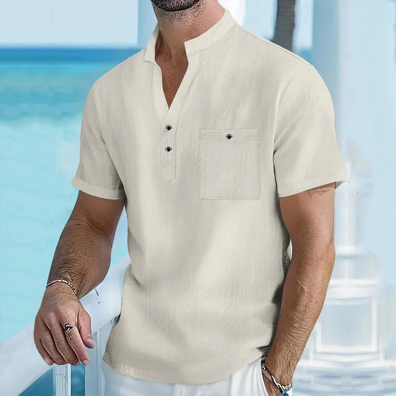 Men's Cotton Linen Henley Shirt Breathable Summer Casual Fit Tee Tshirt Fun Gift gallery