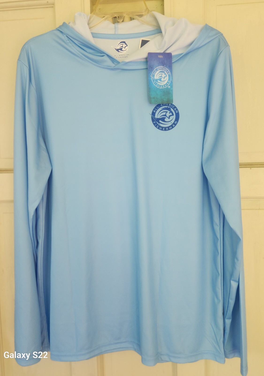 Fisherman Mens Powder Blue Performance Fishing Shirt Flag Sailfish All American