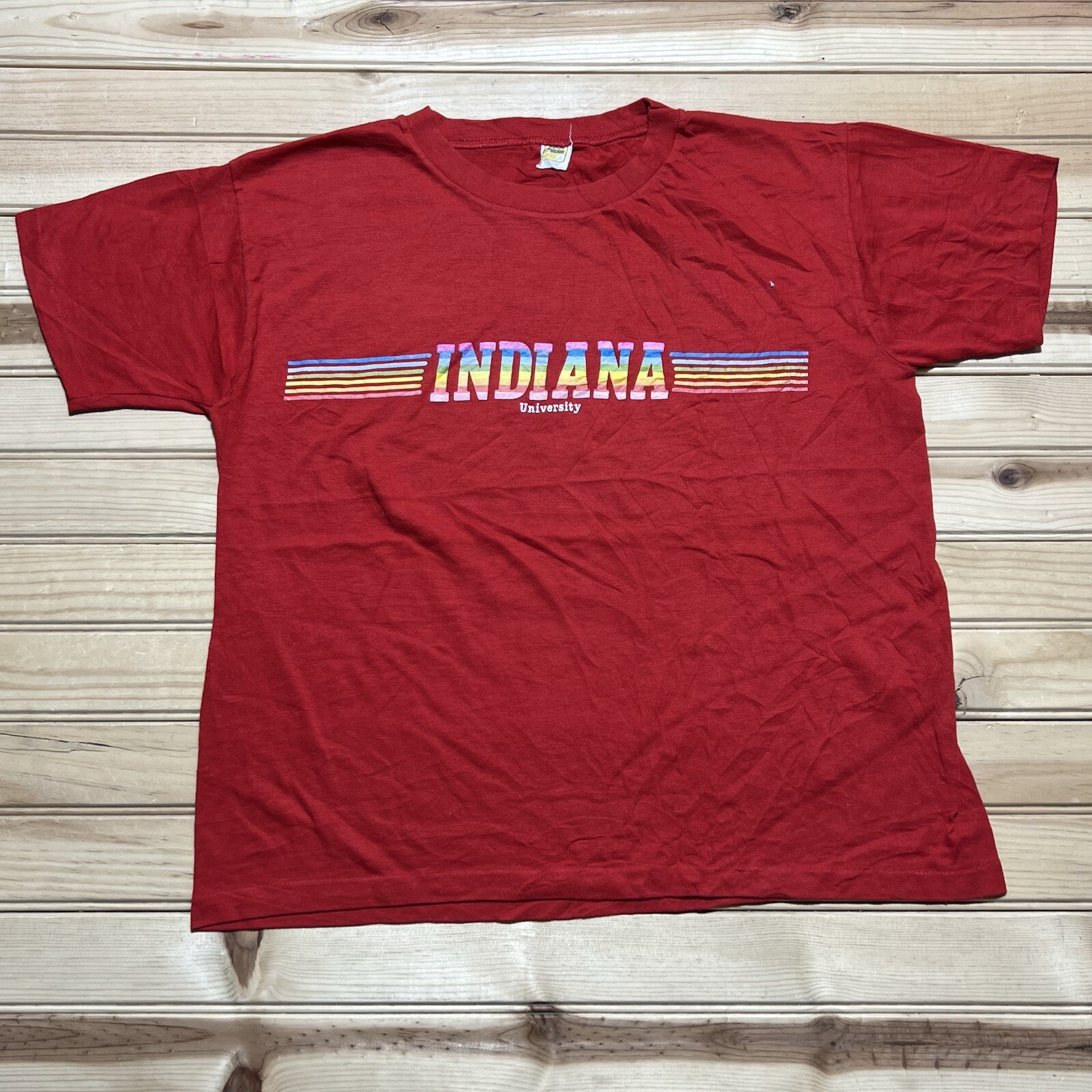 Vintage 70s 80s Indiana University Rainbow Multicolor Spell Out Shirt Size Large