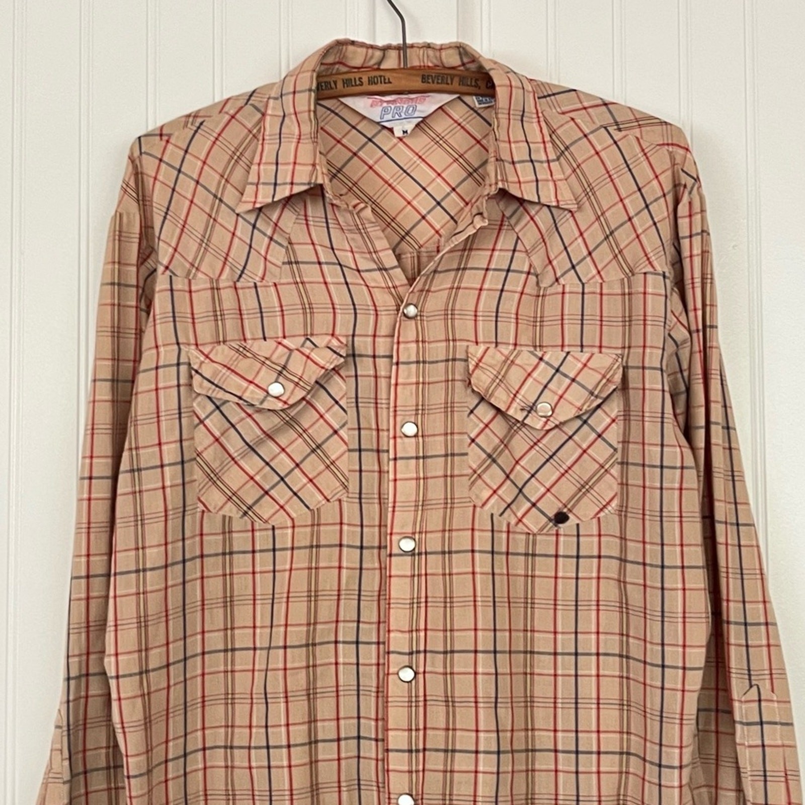 Vintage Men's Western Shirt Neutral Plaid Pearl Snaps Button Down Medium Rodeo gallery