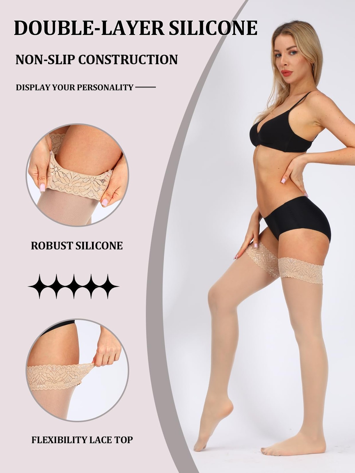 60D Semi Sheer Thigh High Stockings with Lace Top - Women's Lingerie Pantyhose gallery