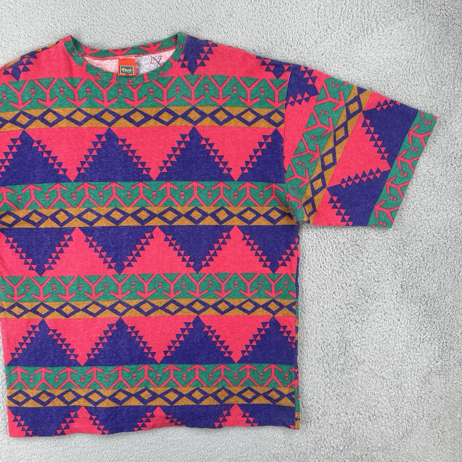 Vtg Fast 90s Boxy Adult L- XL T Shirt Southwestern Design AOP Colorful Hip Hop gallery