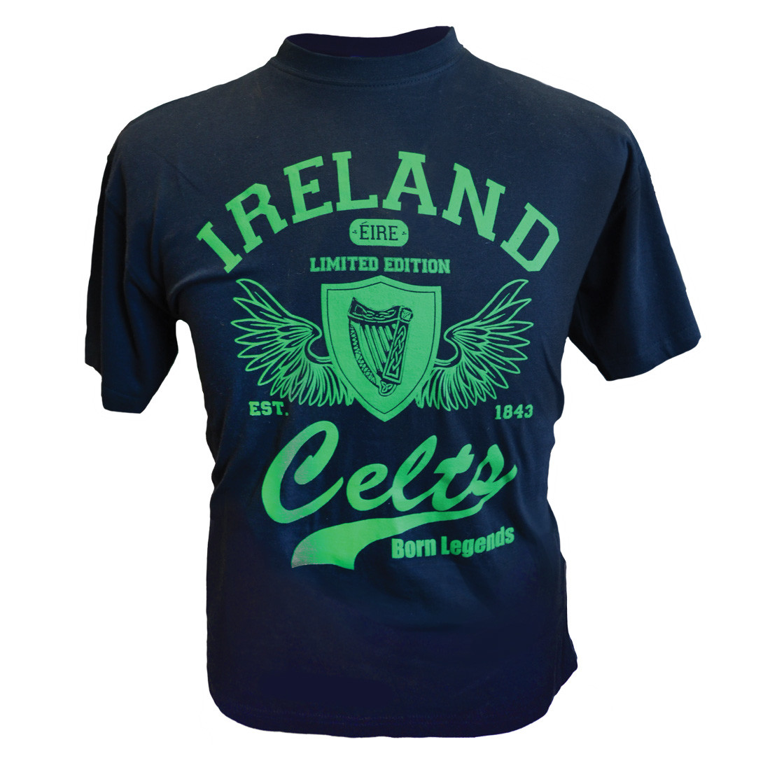 Mens Blue Tee T-Shirt Cotton Ireland Celtic Design Traditional Irish Harp Crest