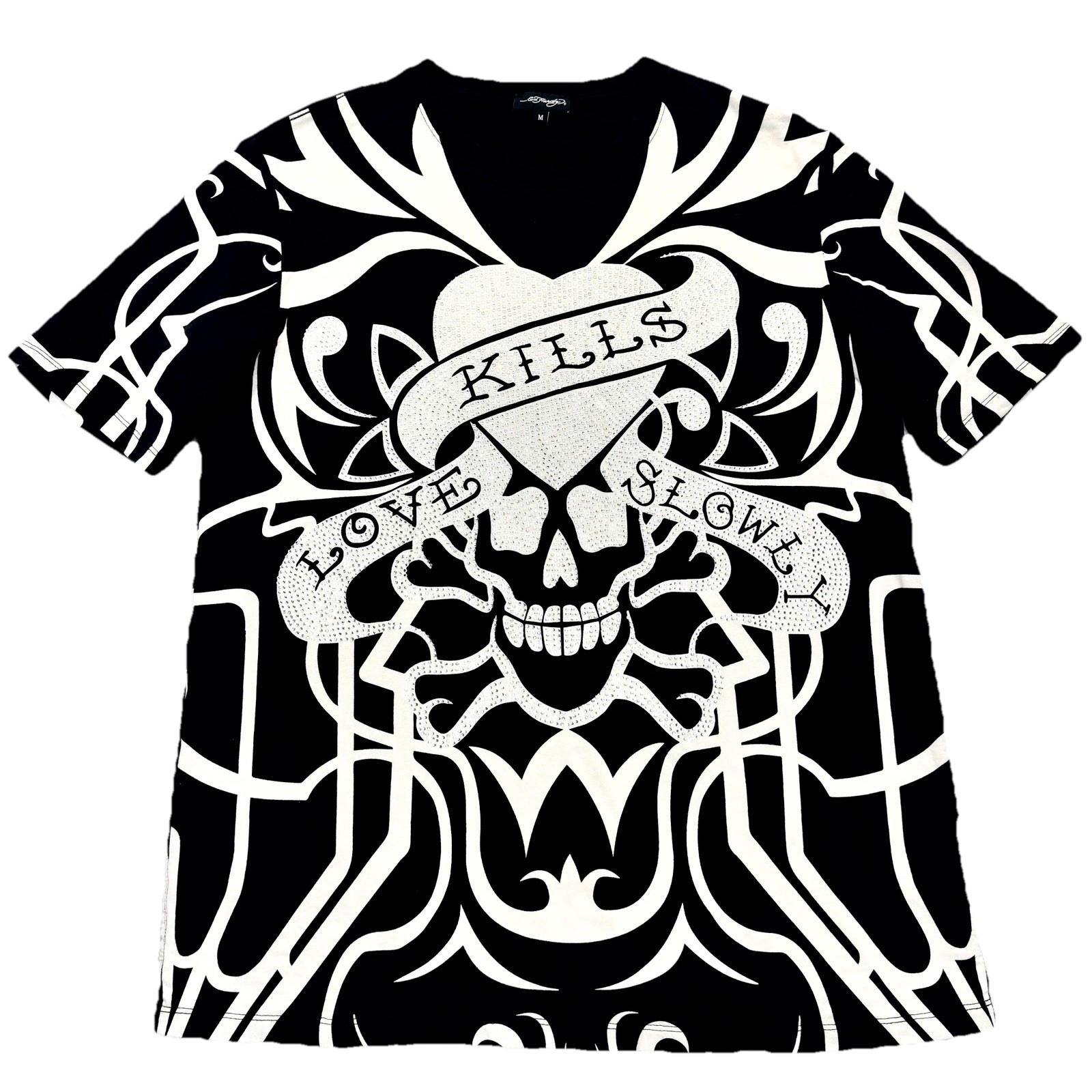 Ed Hardy Rhinestone Love Kills Slowly T-Shirt Unisex M Black VTG Y2K Heavyweight