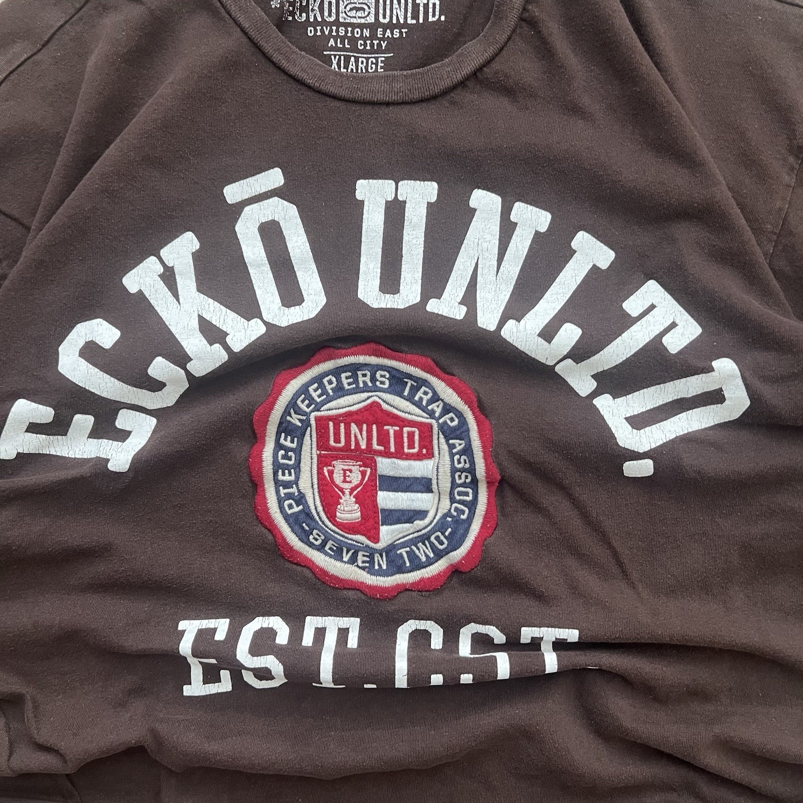 Vintage Ecko Unltd Men’s Brown 3D Spellout Embroidered Y2K Grunge Shirt Size XL gallery