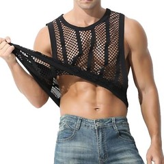 Men’s Muscle Undershirts Mesh Tank Tops Fishnet Striped Top Sleeveless See Thru