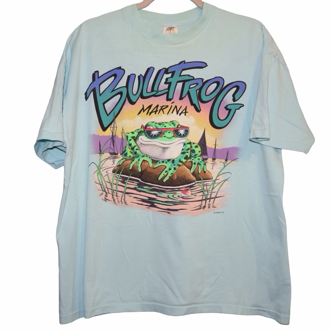 vintage 1991 Habitat Bullfrog Marina single-stitch shirt size XL. Seafoam color