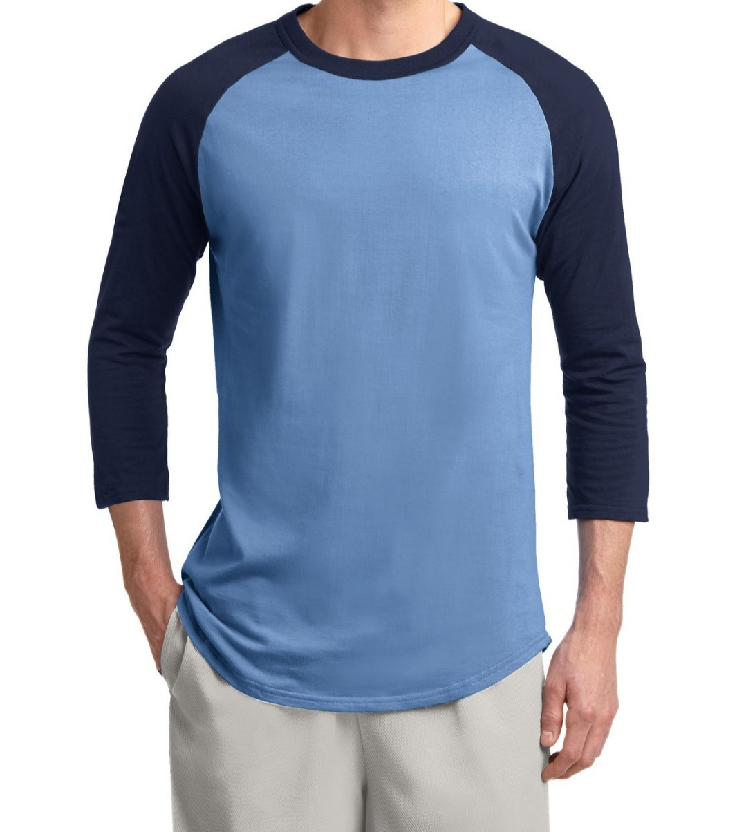 Sport-Tek Men’s 100% Cotton Raglan 3/4 Sleeve Baseball T-Shirt *M – Lt Blue/Navy