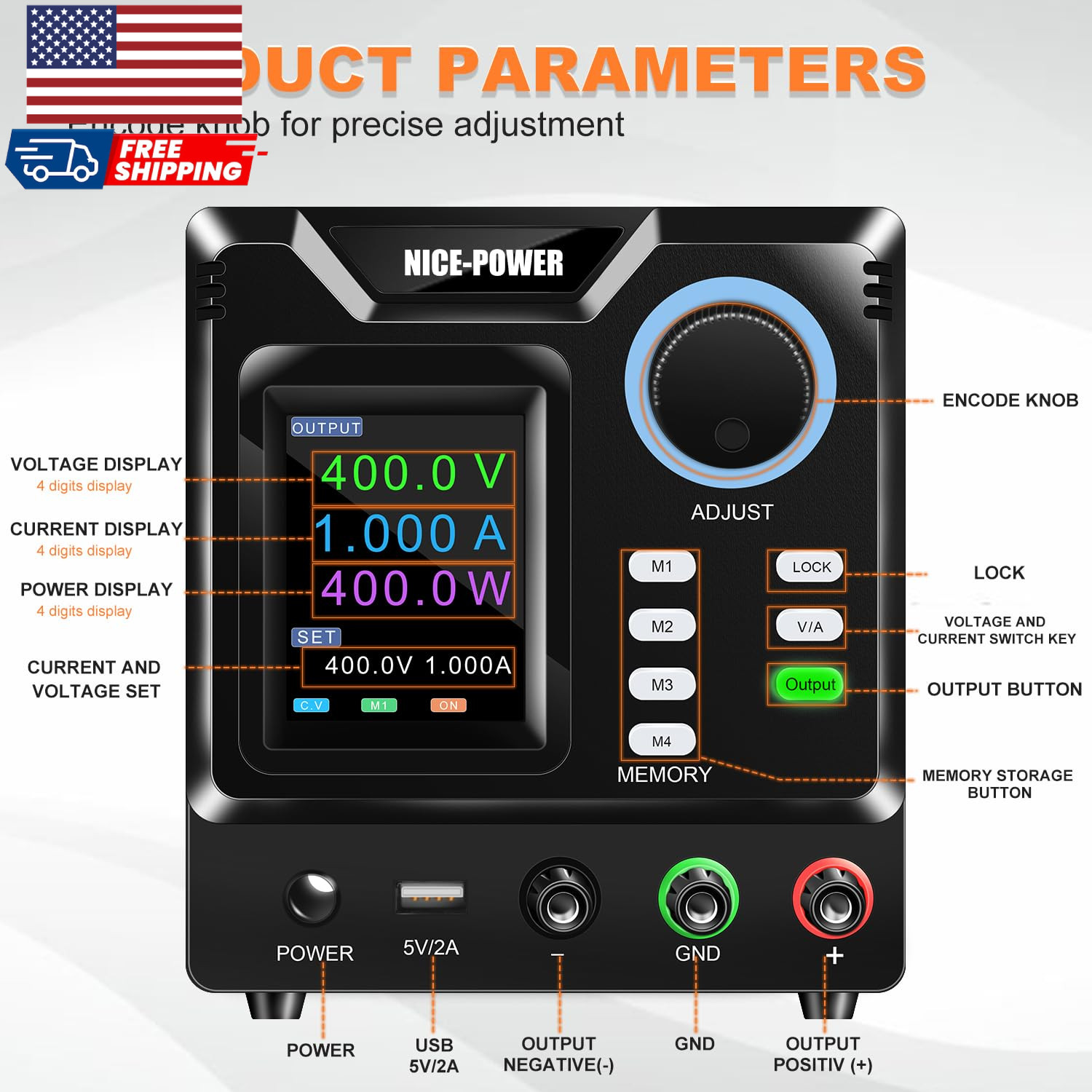 DC Power Supply Variable 0-400V 0-1A High Voltage Bench Power Supply with Memory
