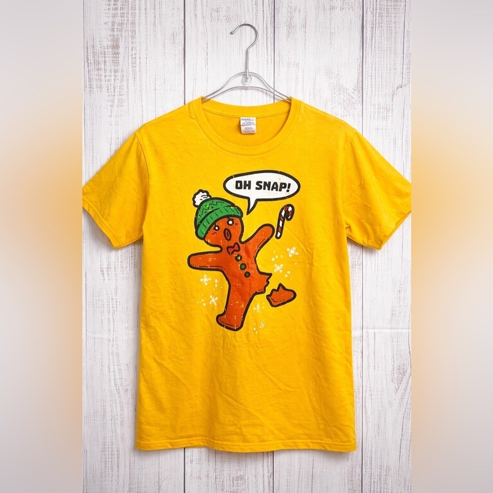 Oh Snap Gingerbread Man Christmas Shirt Yellow Tee Size S