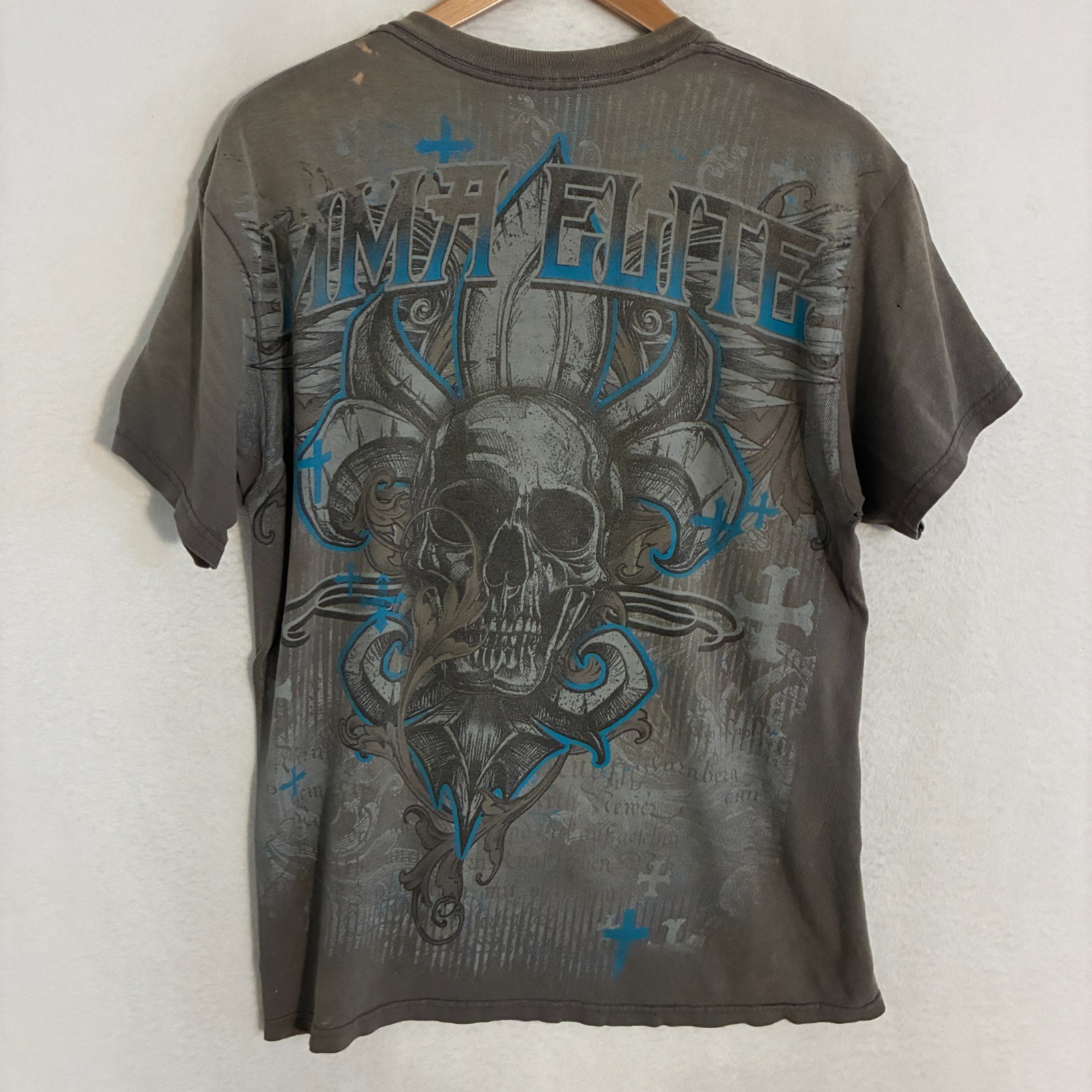 Vtg Y2K MMA Elite Shirt Mens L Grunge Skulls Cross Tattoo UFC Distressed Tee gallery