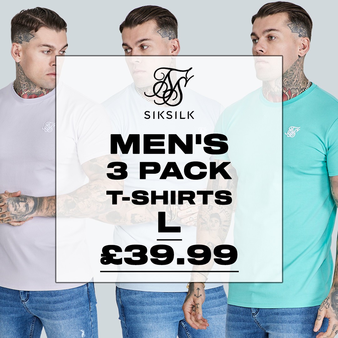 SikSilk Men’s 3 PACK of Essentials Muscle Fit Tee’s Lilac, Green & Blue Large