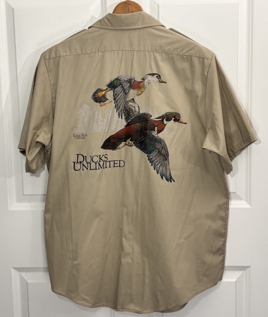 Vintage Ducks Unlimited Safari Hunting Shirt XL Khaki Wood Duck Graphic USA 0408 gallery