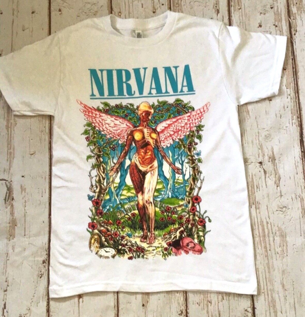 NEW- NIRVANA - ANGEL - In Utero- WHITE BAND T-SHIRT gallery