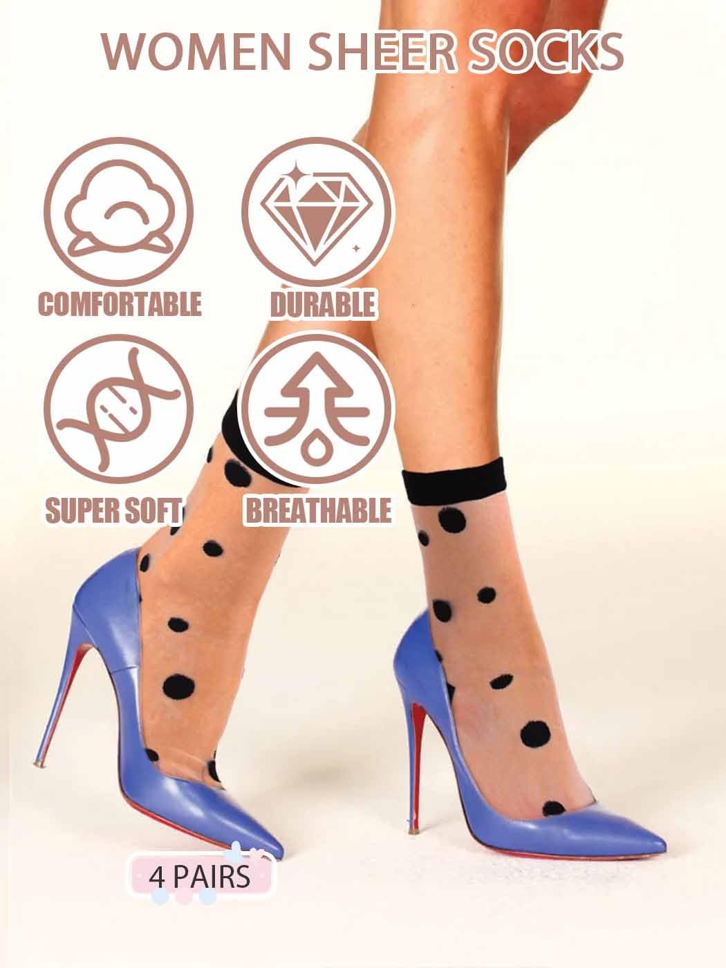 Womens Sheer Ankle Socks Polka Dot Bow Pattern 4 Pairs Black White gallery
