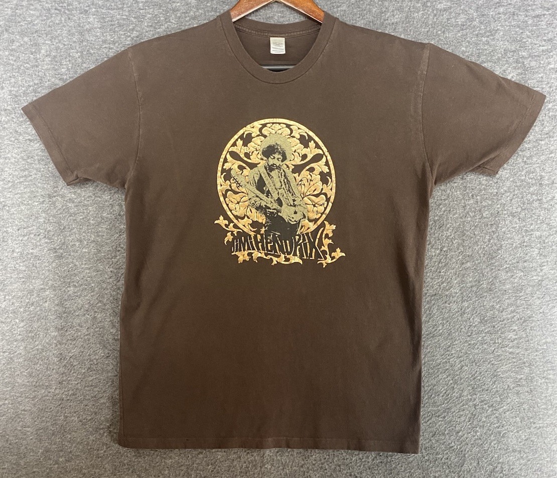 SEE PICS Jimi Hendrix Gold Foil Graphic Tshirt Guitar Brown Mens Large Tee Shirt gallery