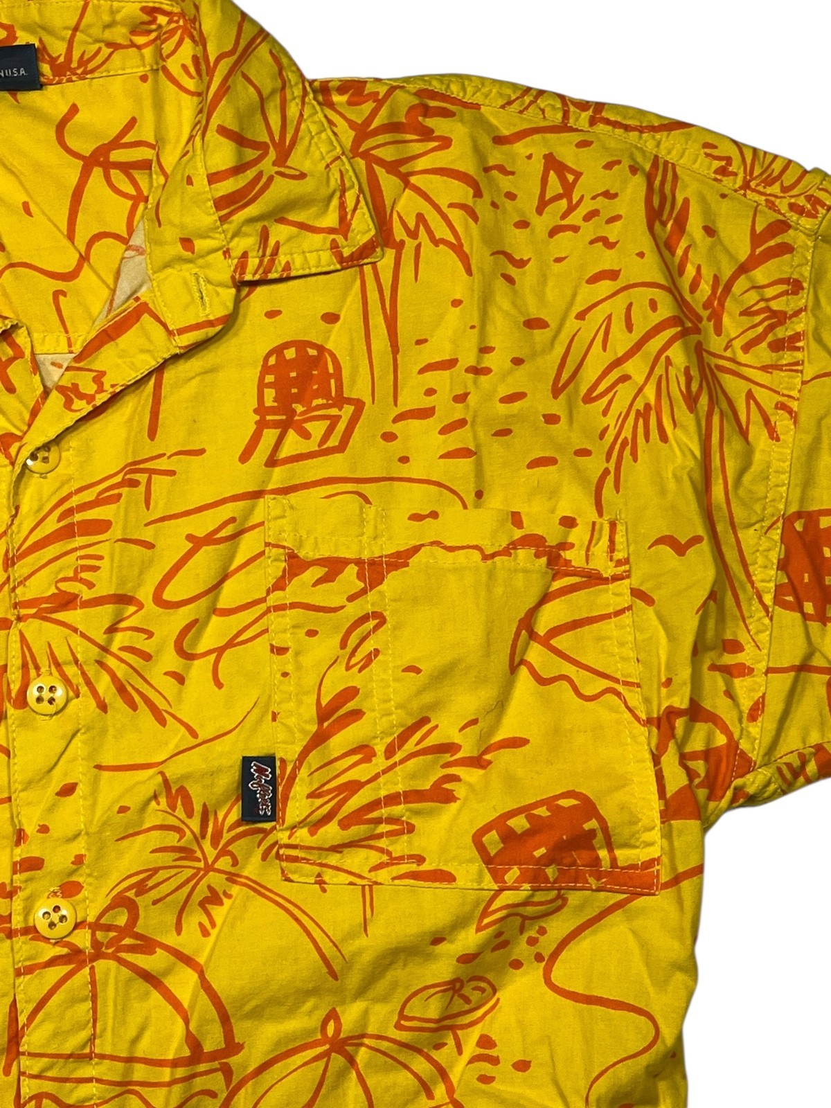 Vtg 90s NORFLEET x USA MADE Yellow/Red HAWAIIAN SHIRT Summer Beach Surf Men's M gallery