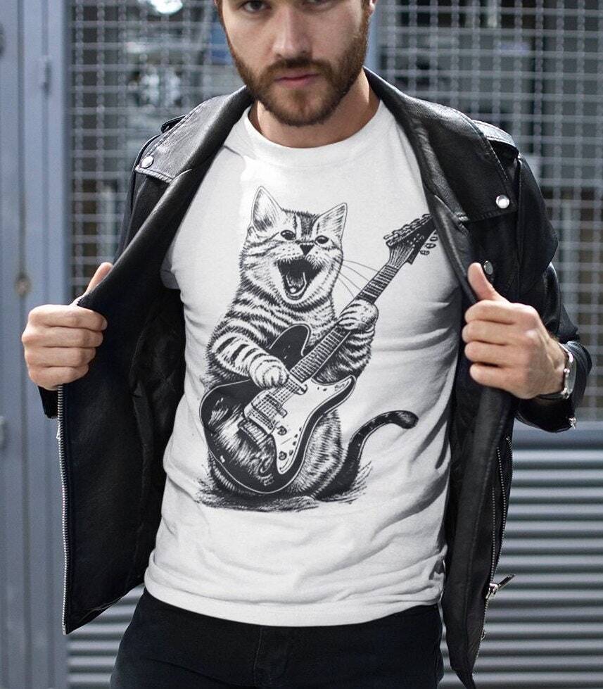 Cat Playing Guitar T-Shirt Music-Inspired Graphic Tee Trendy Men's Graphic gallery