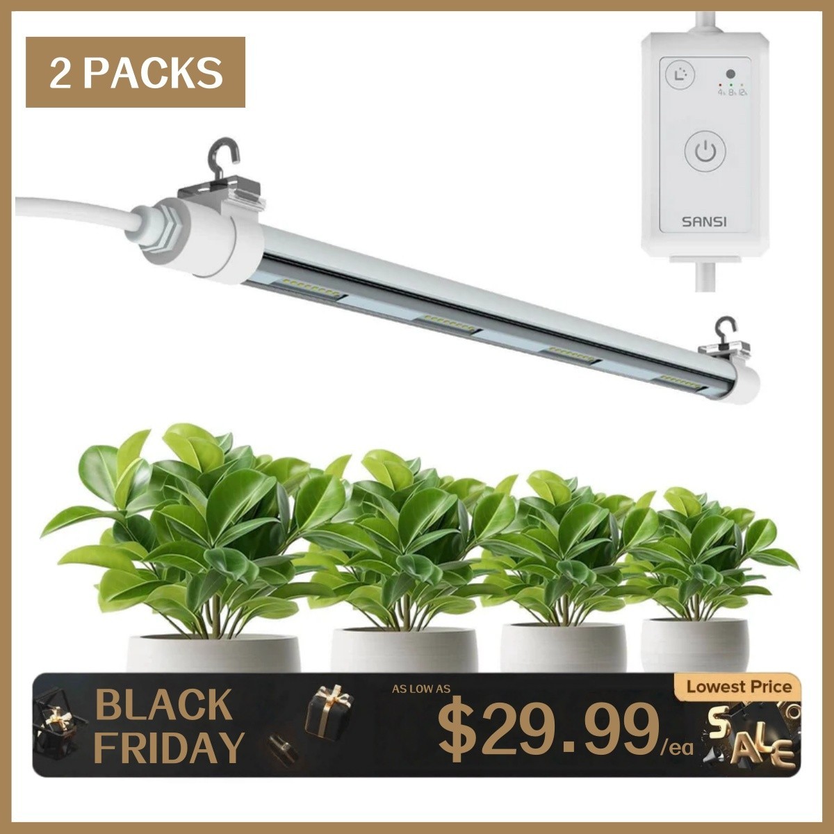 2PACK T8 25W LED Tube Grow Lights for Indoor Plants 2FT Full Spectrum With Timer