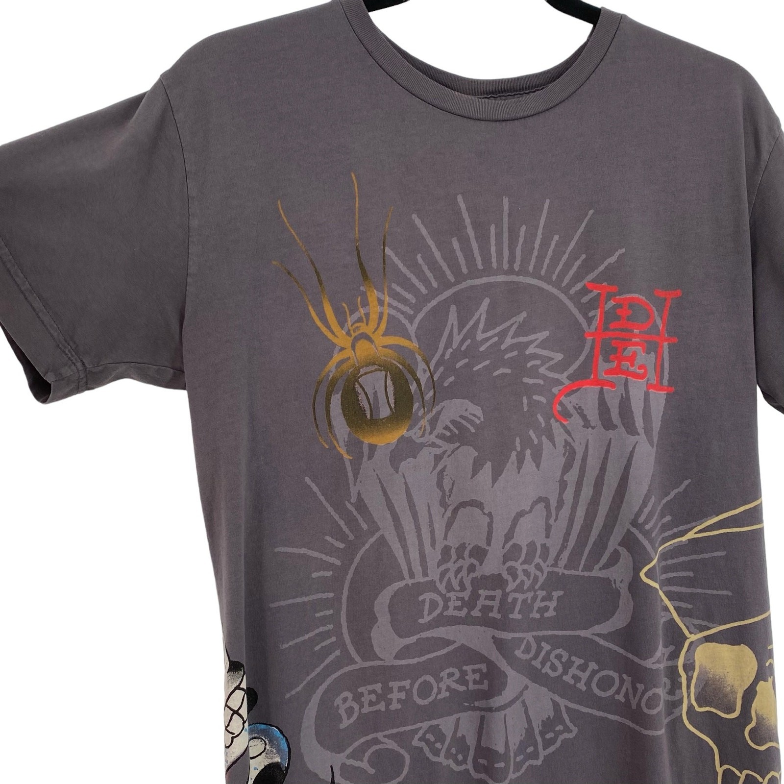 Y2K Ed Hardy Audigier Tattoo Art Skull Graphic Tee L Cotton Grey Made In USA gallery