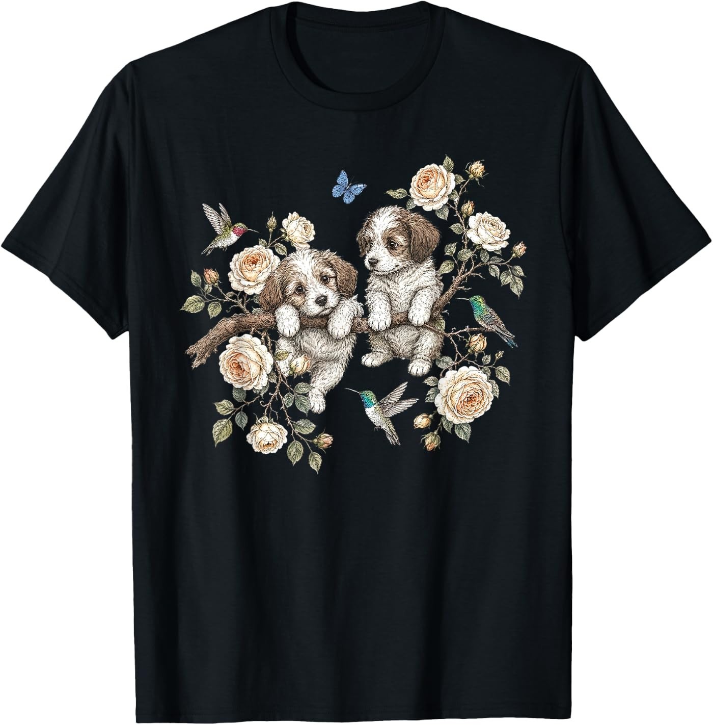 Vintage Puppy Floral Bird Nature Dog Mom Animal Dog Lover T-Shirt gallery