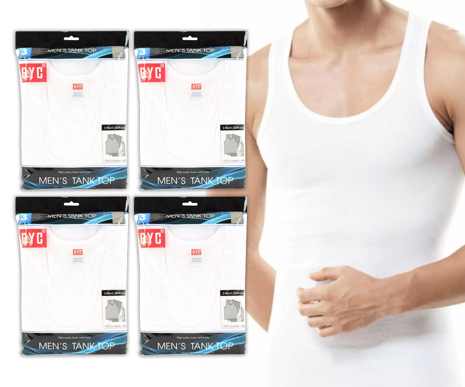 12 Pack BYC Men's 100% Cotton White Undershirts Tank Top A Shirts MT01 gallery