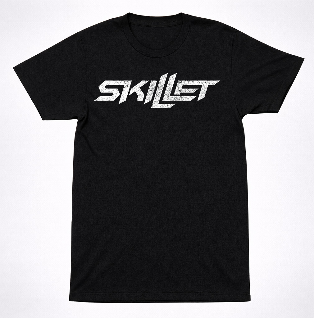 Skillet Text Distressed Logo T-Shirt Black Silver Christian Rock Hard Rock Band