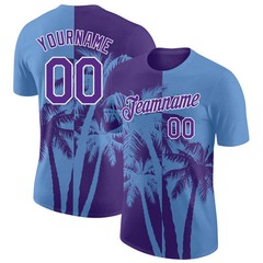 Custom Light Blue Purple White Hawaii Palm Tree T-Shirt Tropical Summer Mens