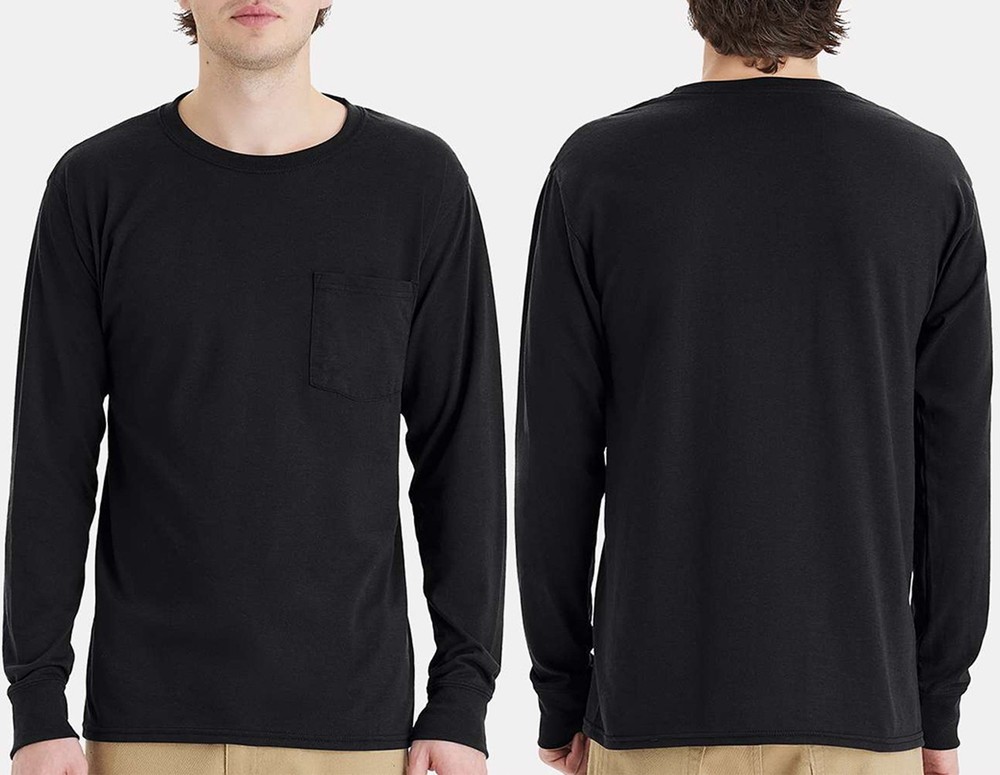 Mens Long Sleeve Hanes Extra Length Pocket T-Shirt Moisture Wicking Tee S-4XL