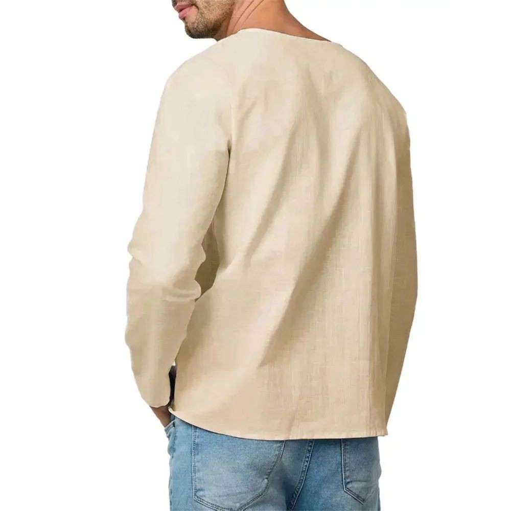 Men's Cotton Linen V Neck Shirt Long Sleeve Casual Lightweight Tee gallery