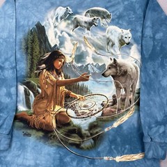The Mountain Native American Wolf Shirt Medium Blue Long Sleeve USA Big Print
