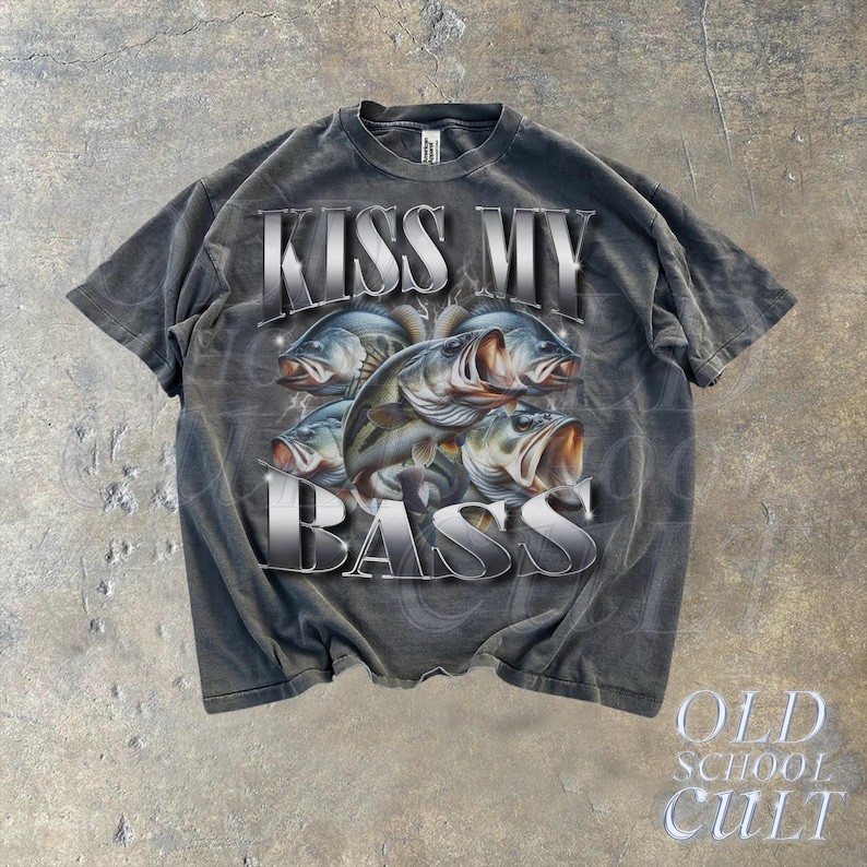 Kiss My Bass Vintage 90s Bootleg Rap Style T-Shirt Retro Fishing Graphic Tee
