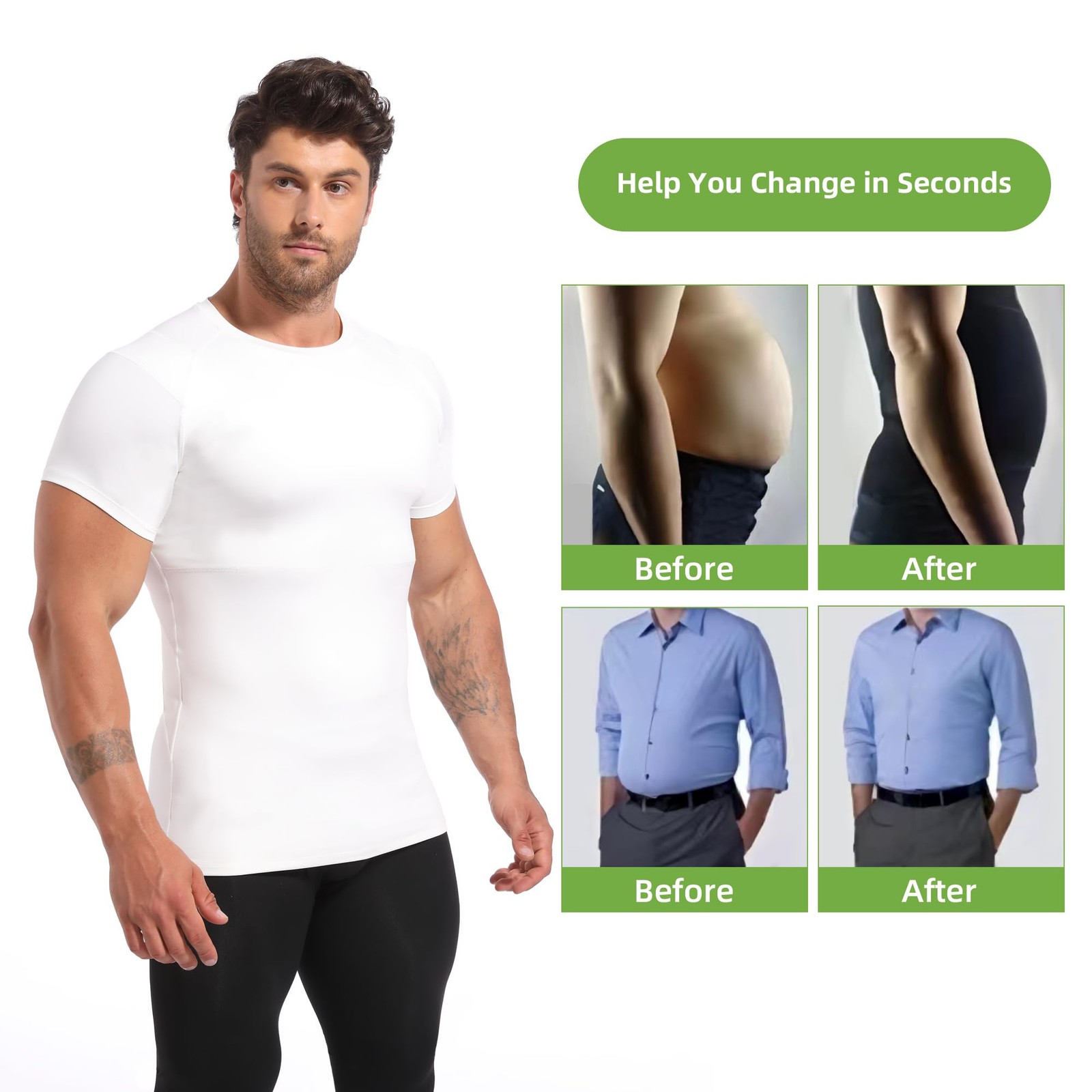 4D Mens Compression Shirt Short Sleeve, Slimming Body Shaper Vest, Gynecomast... gallery