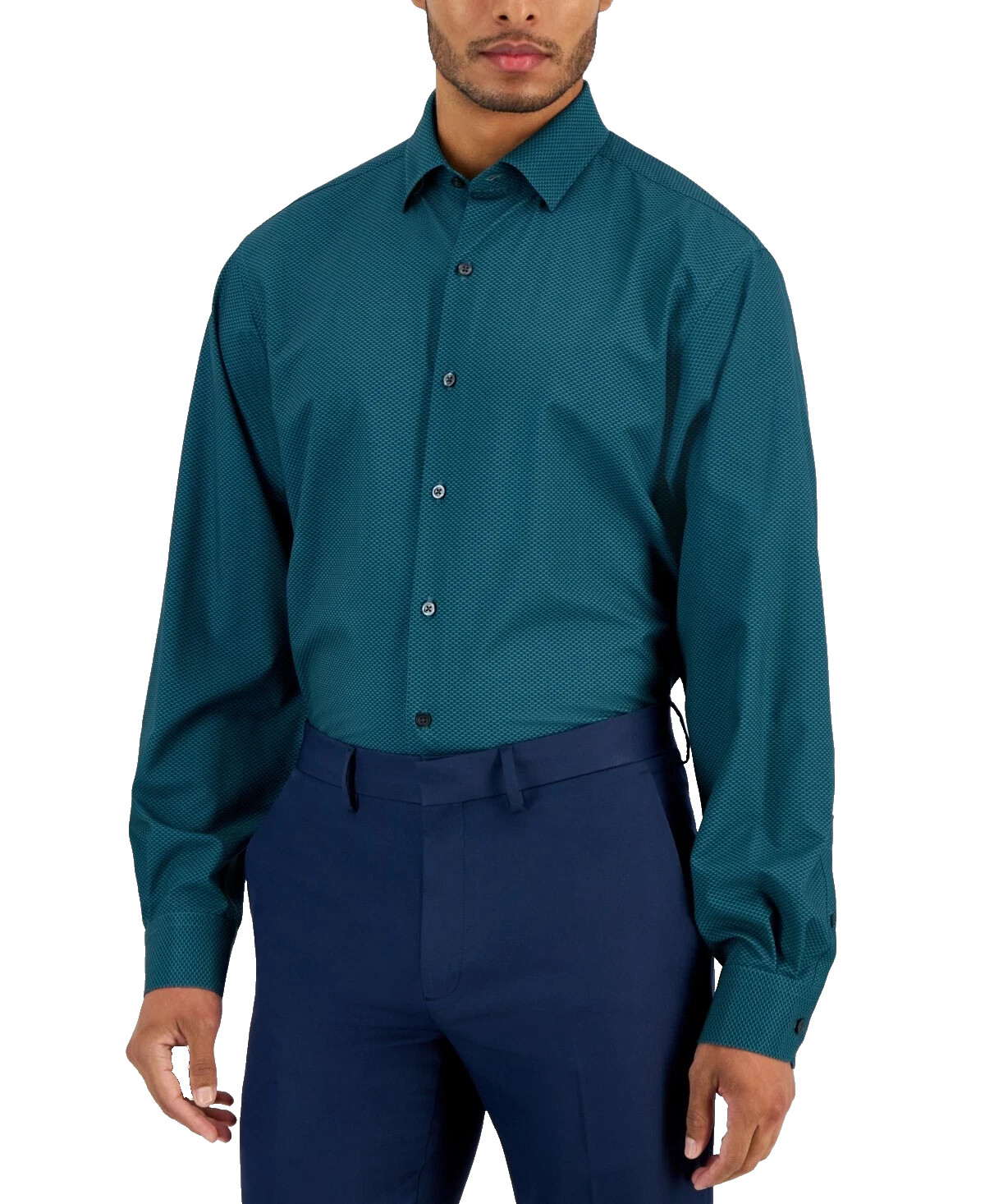 Alfani Men’s Regular Fit Maple Geo Print Dress Shirt Teal 17-17.5 in 36/37