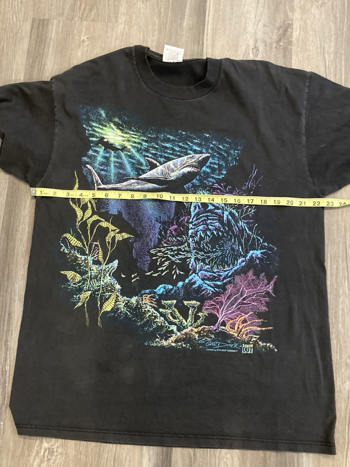 Vintage Stand Out Shirt Mens Large Black Shark Ocean Underwater Graphic 1993 USA gallery